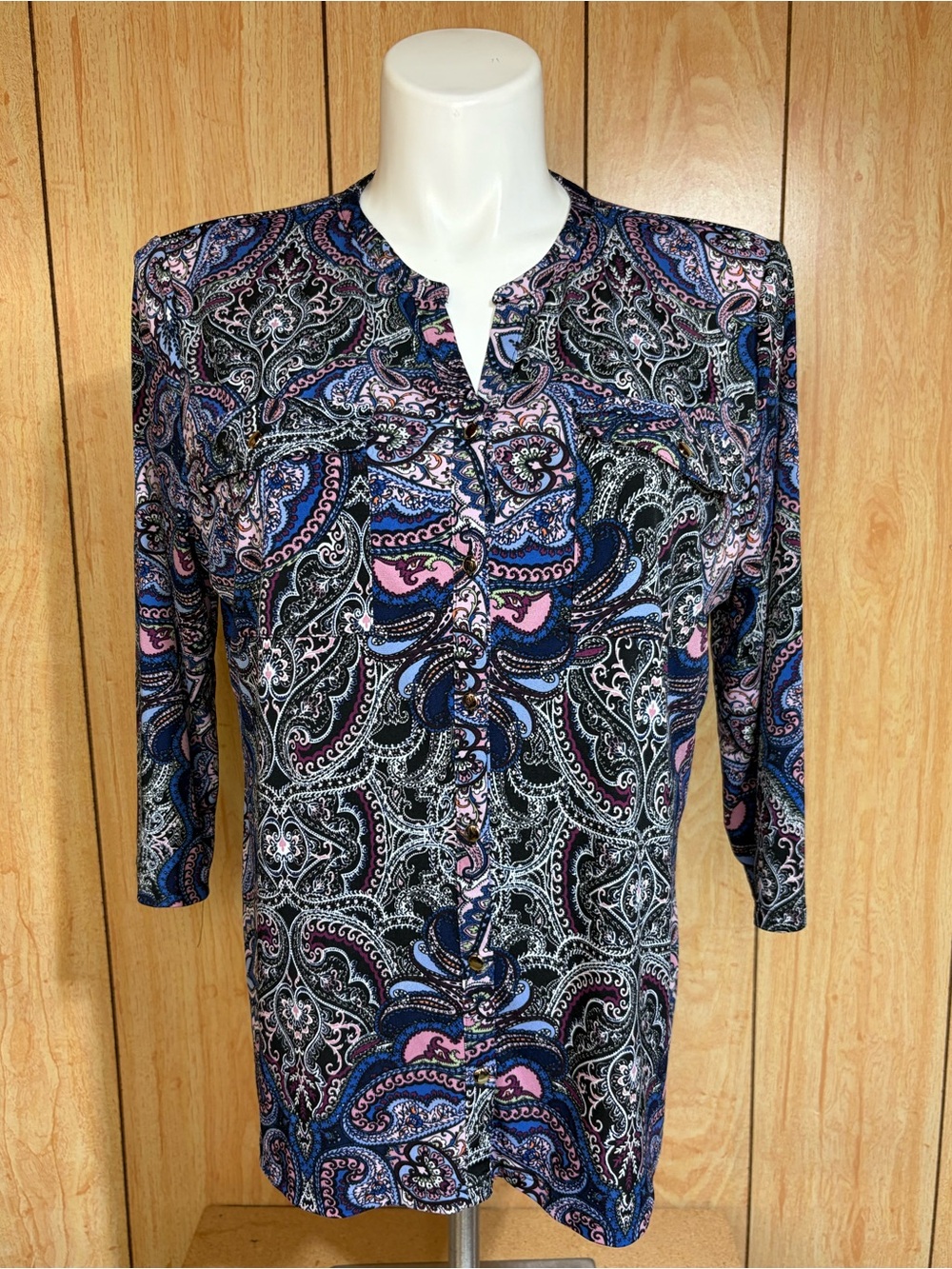croft & barrow Paisley Button-Up Blouse in Black, Blue & Pink SZ - XXL